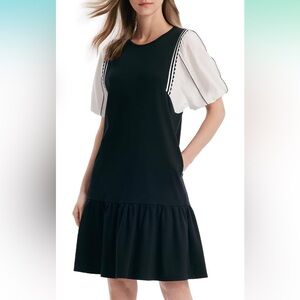 NWT Goelia V-Neck 3/4 Sleeve Casual Boho Black & White Flowy Midi Dress, Size 10